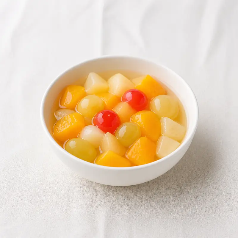 Fruit Cocktail, a nutrient-dense fruit food, photographed on a plain linen surface